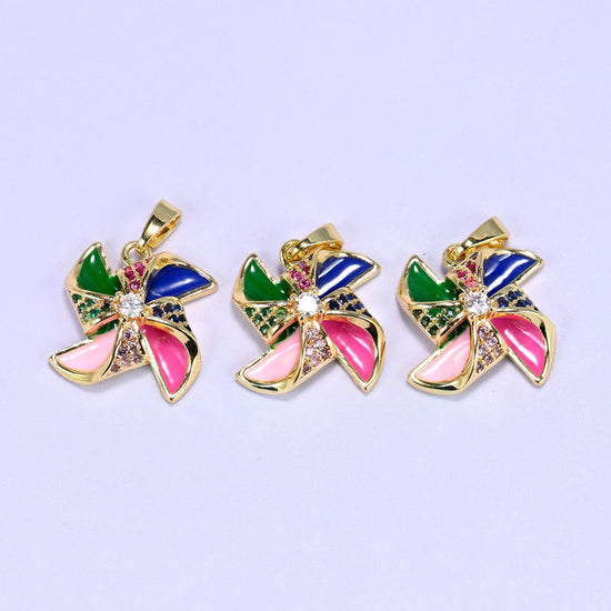 Colorful Windmill Zircon Charms with multicolor zircon accents along the spokes