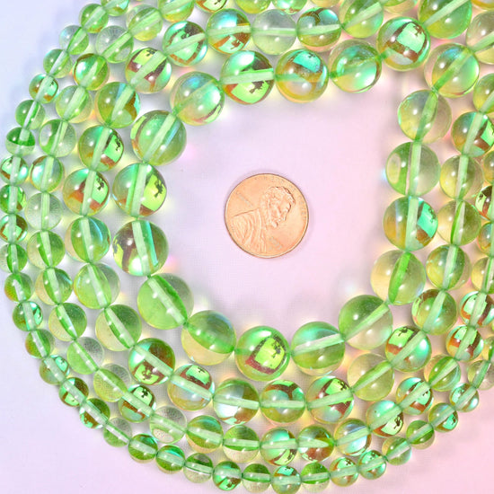 Mystic Aura Light Green Round Glass Beads, sold per 15 inch strand