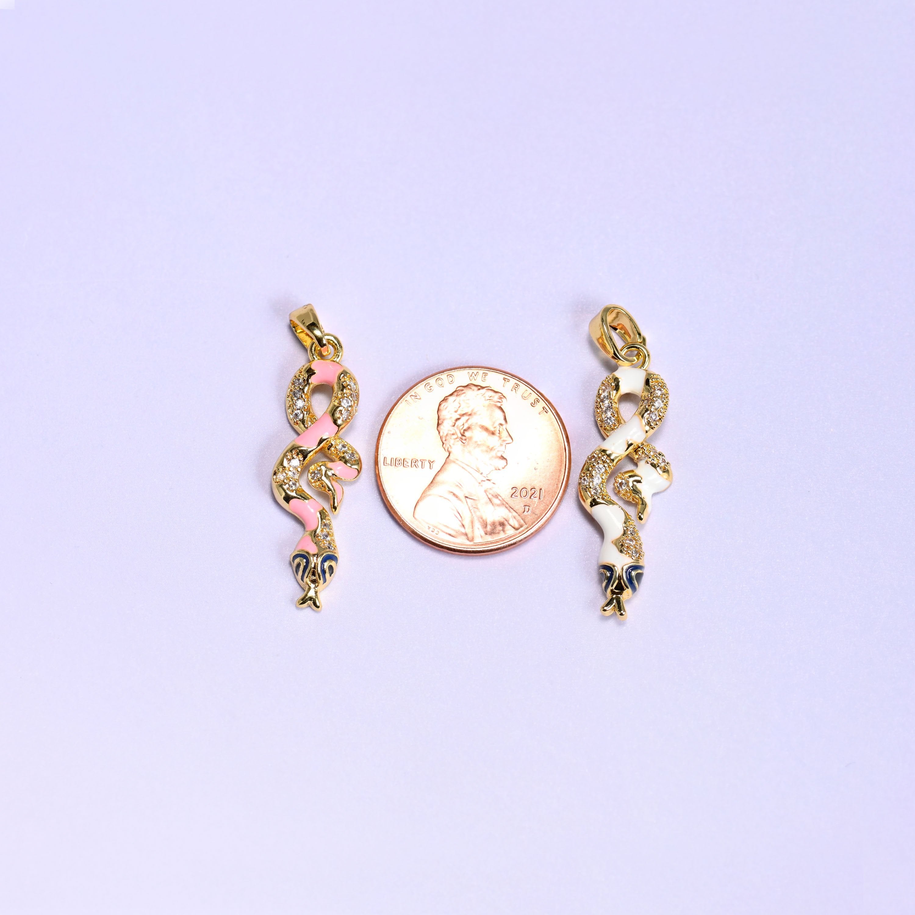 Enamel Snake Zircon Charms with a coiled enamel and clear zircon pave body