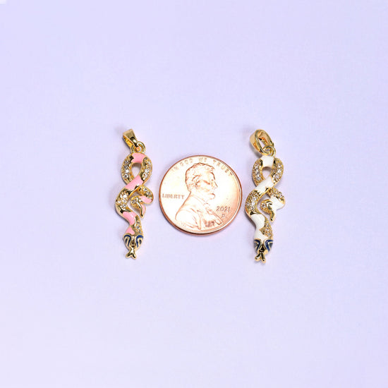 Enamel Snake Zircon Charms with a coiled enamel and clear zircon pave body