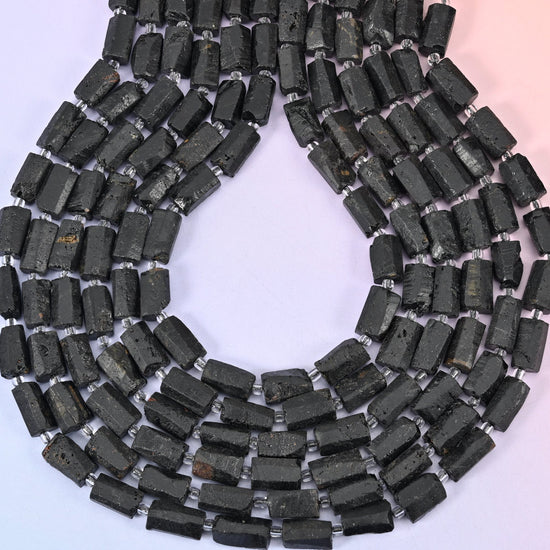 Raw Black Tourmaline Faceted Tube Beads, hole 1.0mm