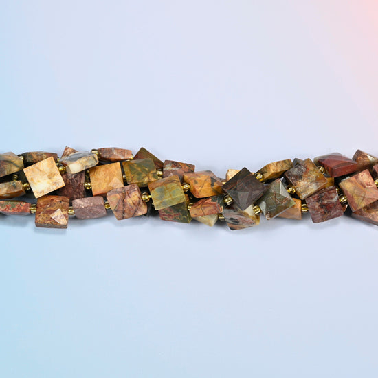 Strands of natural red howlite faceted flat square beads twisted together in a horizontal row
