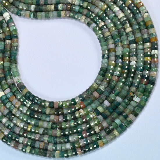 Indian agate faceted heishi disc beads curved into an open loop, forest green and gray-green beads
