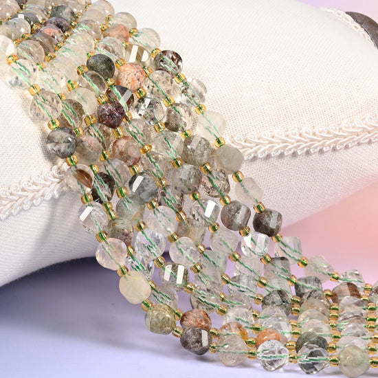 Green Phantom Quartz faceted spiral twist beads