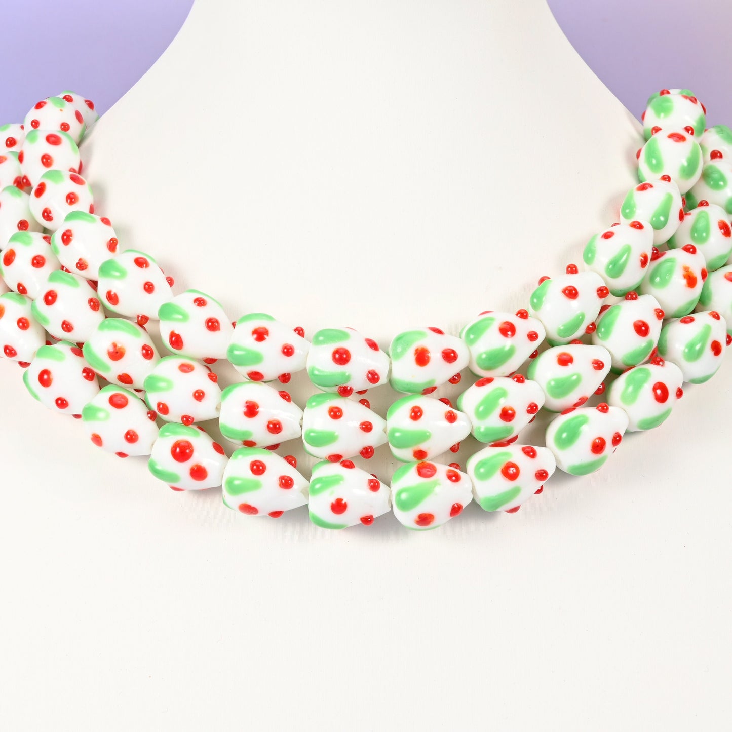Strawberry glass beads, white with red dots, approximately 15.5x12mm