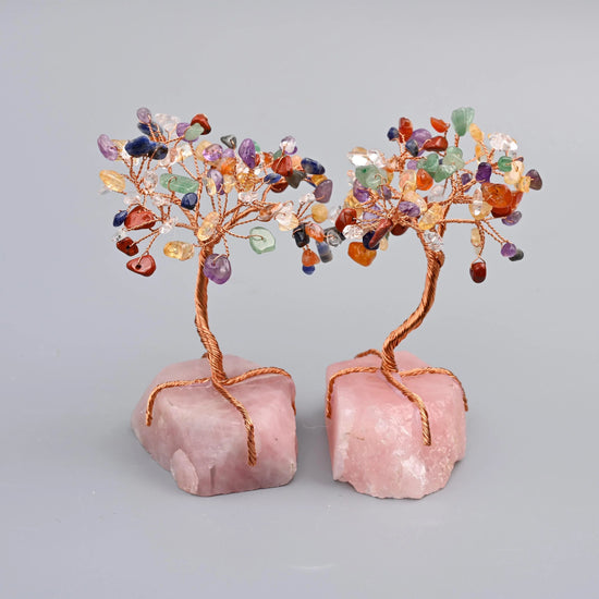 Rose quartz base gemstone tree, approximately 5 inches tall and 3 inches wide