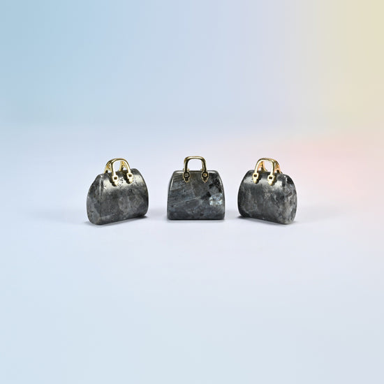Three black labradorite purse crystal carvings, 1 inch, dark gray natural stone with light flecks, gold-tone handle