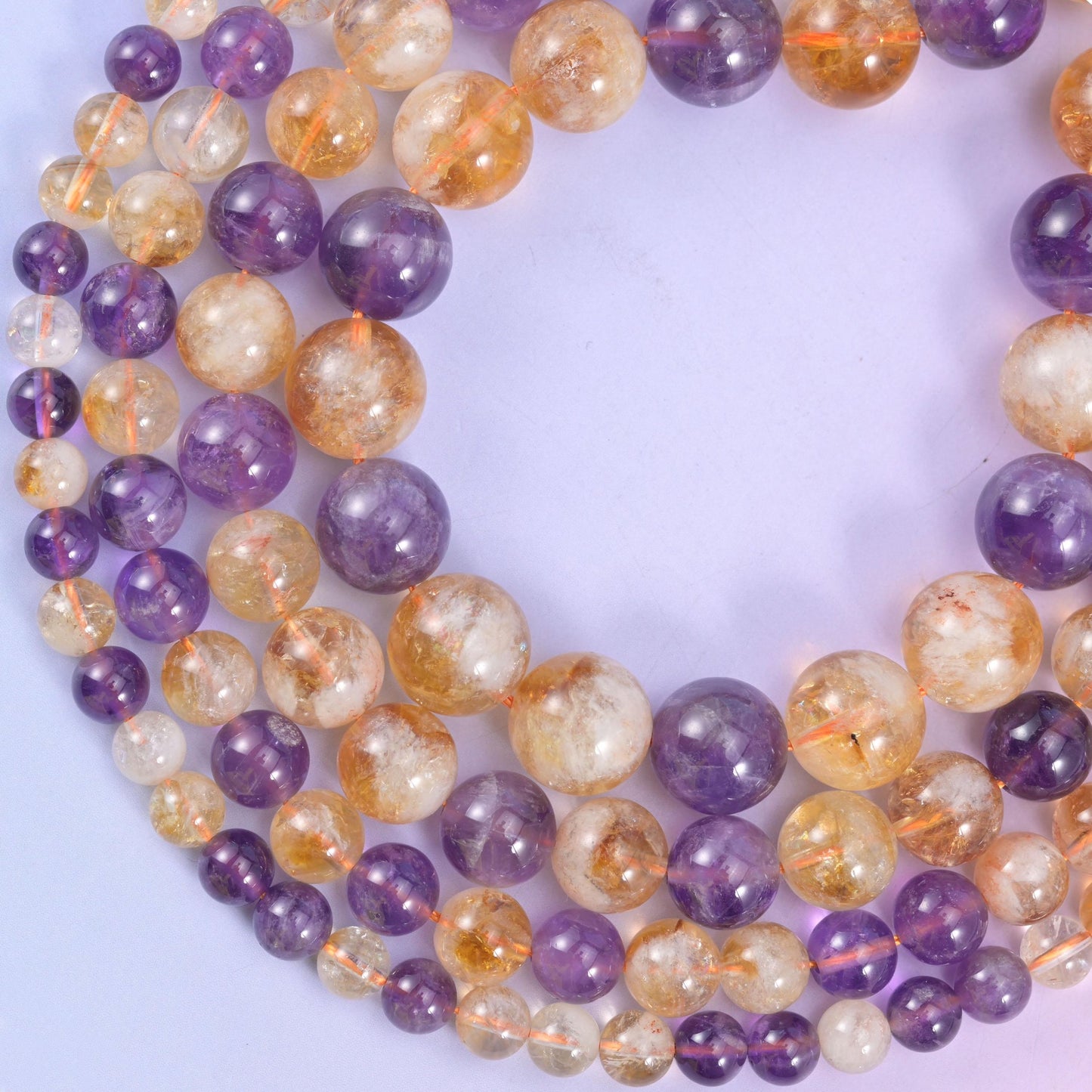 Amethyst Citrine Mixed Round Beads 6mm 8mm 10mm 12mm, approximately 59 beads (6mm), 46 beads (8mm), 36 beads (10mm), or 33 beads (12mm) per strand