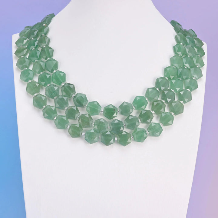 Green Aventurine beads, flat hexagon shape, 12mm.