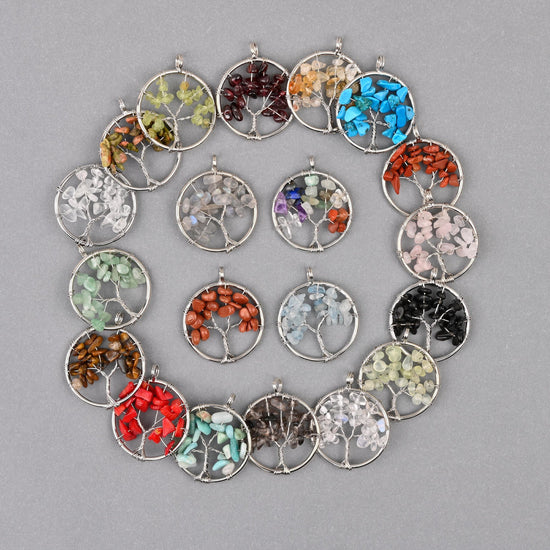 30mm Tree of Life Wire Wrapped Pendant Charm with hand-wrapped gemstone chip leaves.