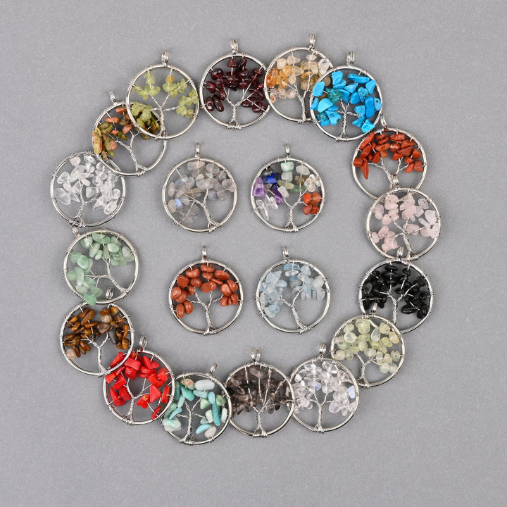 30mm Tree of Life Wire Wrapped Pendant Charm with hand-wrapped gemstone chip leaves.