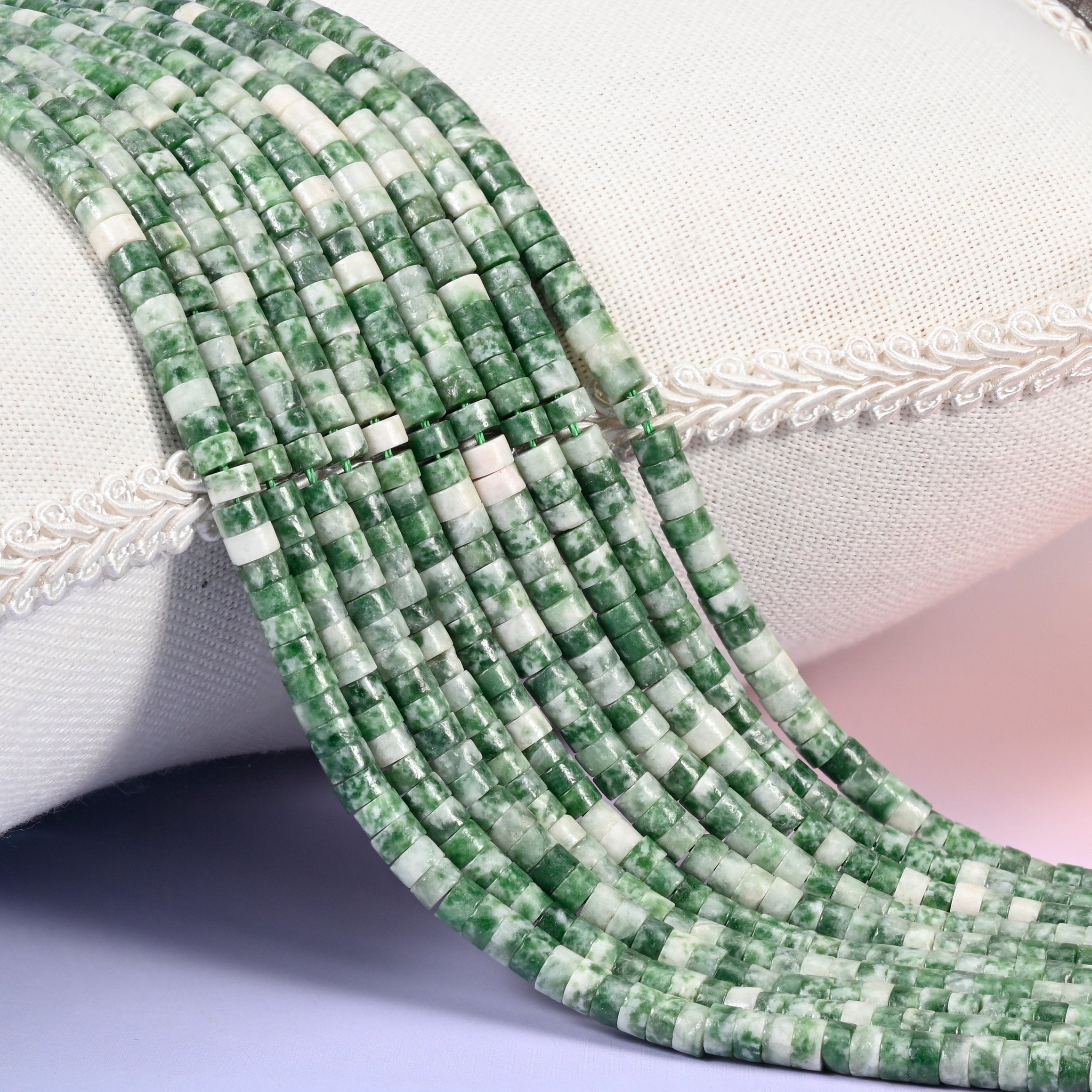 Natural Green Tree Agate smooth heishi disc beads in mossy green with cream marbling