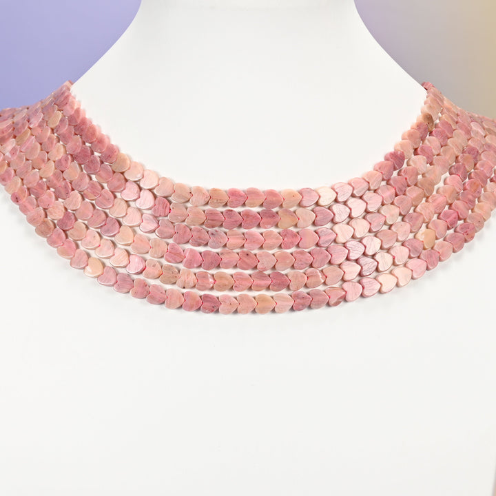 Pink rhodonite beads, flat heart, 6mm