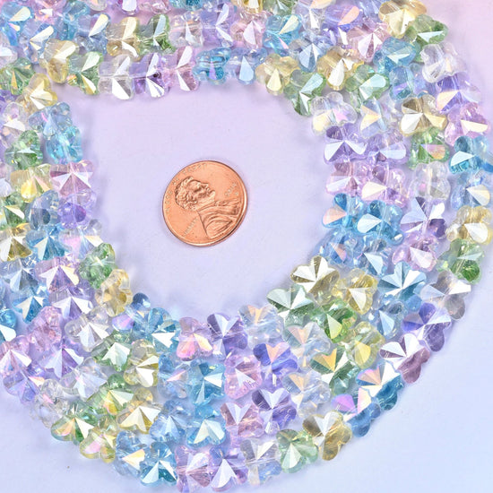 Colorful Transparent Iridescent Butterfly Glass Beads 7.6x9.6mm, 47 pieces per strand