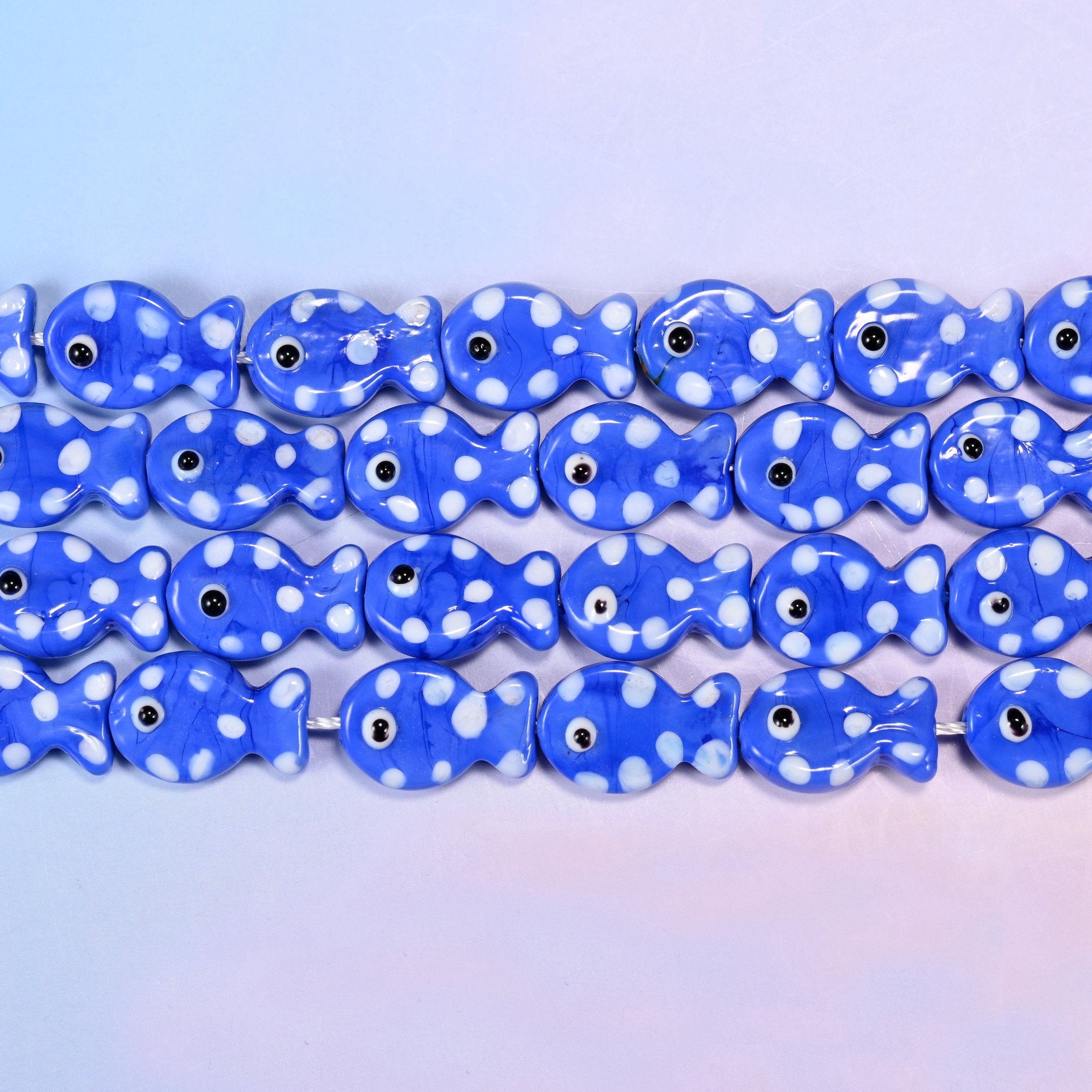 Blue White Dot Fish Glass Beads 19x12mm in royal blue with white dots