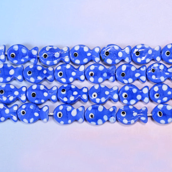 Blue White Dot Fish Glass Beads 19x12mm in royal blue with white dots
