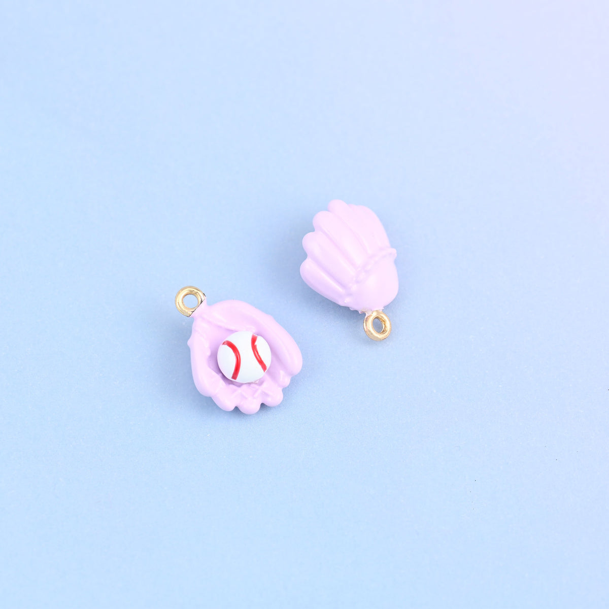 Two light purple baseball glove charms, front and back, enamel over 18K gold plated brass.
