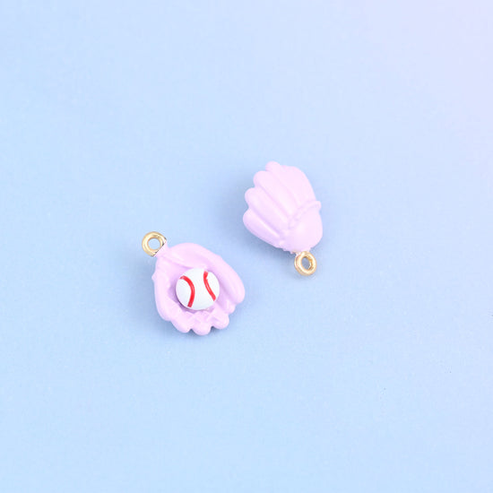 Two light purple baseball glove charms, front and back, enamel over 18K gold plated brass.