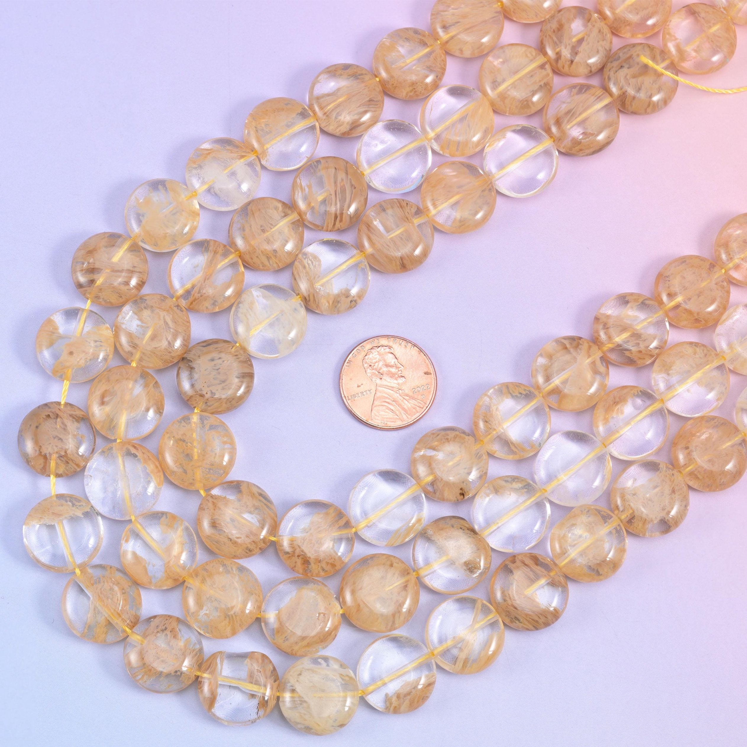 Yellow watermelon quartz coin beads, 15 inch strand
