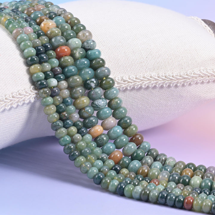 Indian Agate smooth rondelle beads in mossy green and grey-green with cream, mauve, and rust accents