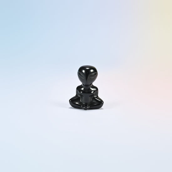 Natural black obsidian yoga alien crystal carving, 1.5 inch, glossy black