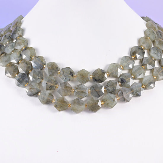 Gray labradorite hexagon beads, flat faceted shape, 12mm