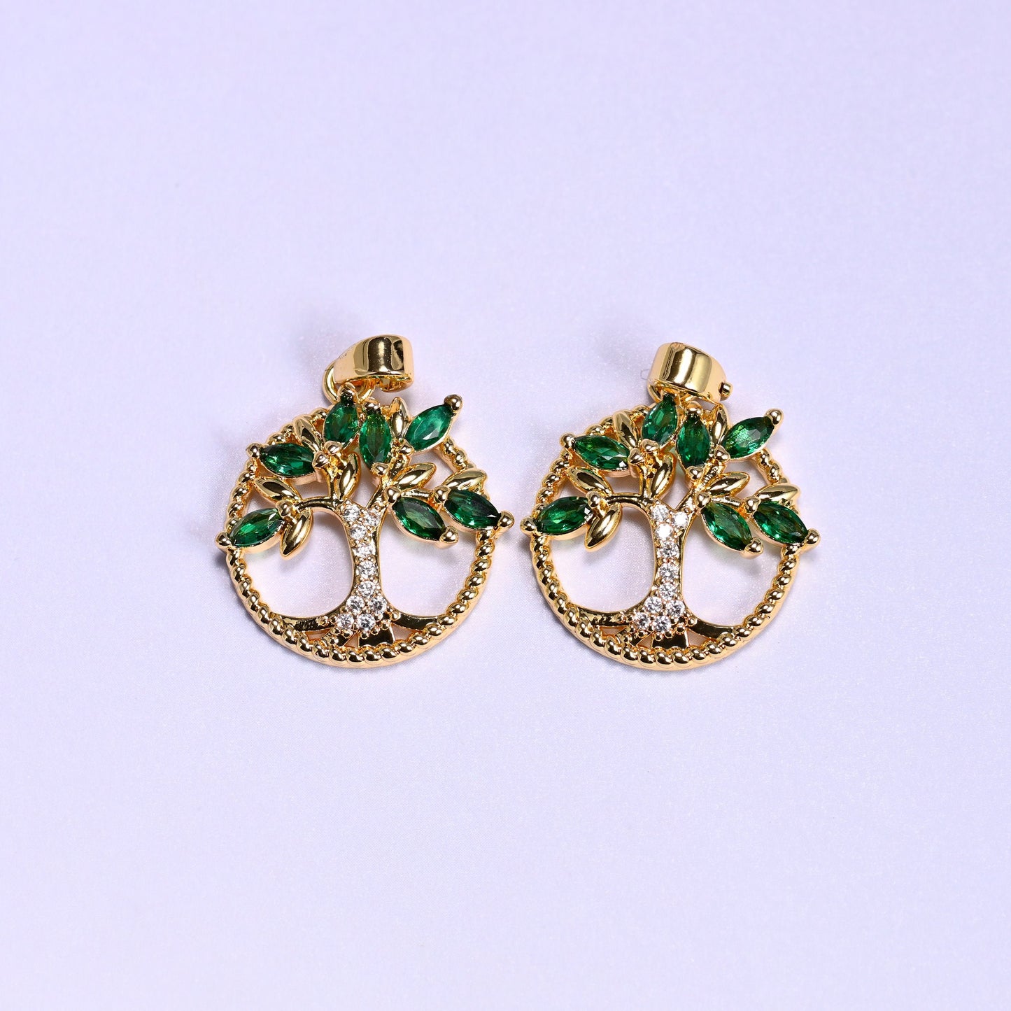 Round Green Leaf Tree Zircon Charms in gold and green