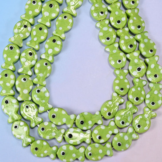 Lime Green with White Dot Fish Glass Beads: Jewelry Making Supply