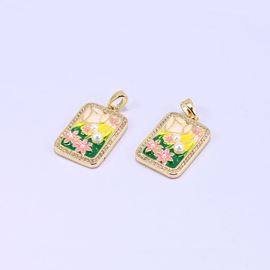 Flower Pearl Zircon Rectangle Pendants: 18K Gold Plated Charms, Jewelry Making Supply