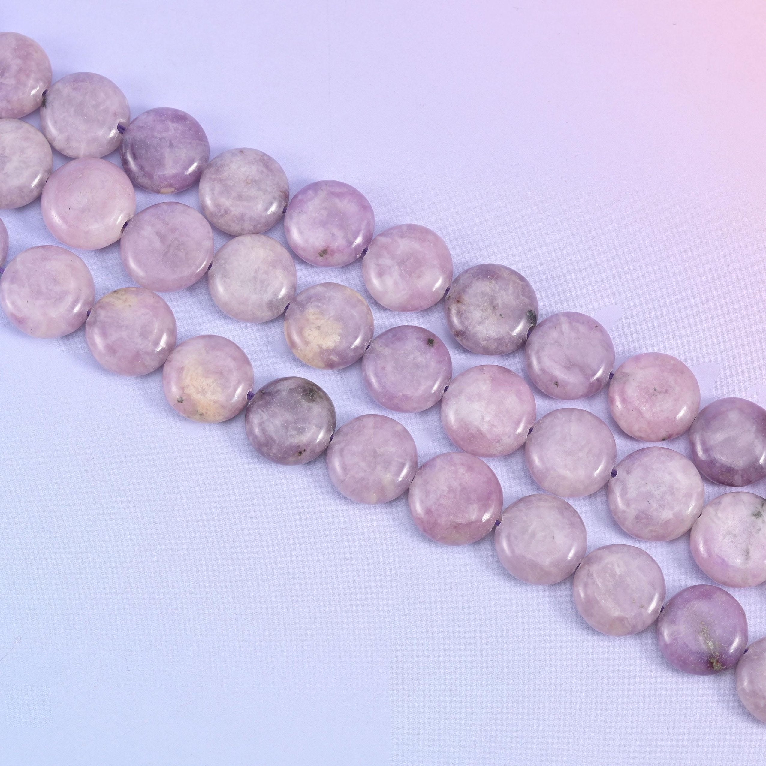 Lepidolite coin beads in lilac, lavender, and deeper violet patches