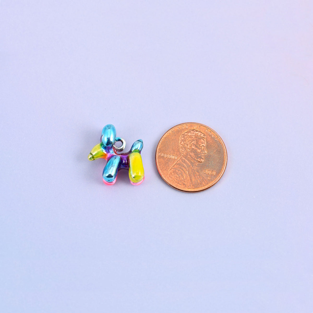 Balloon dog charm at actual size, 14.53 x 14.41mm across and 8.91mm thick.