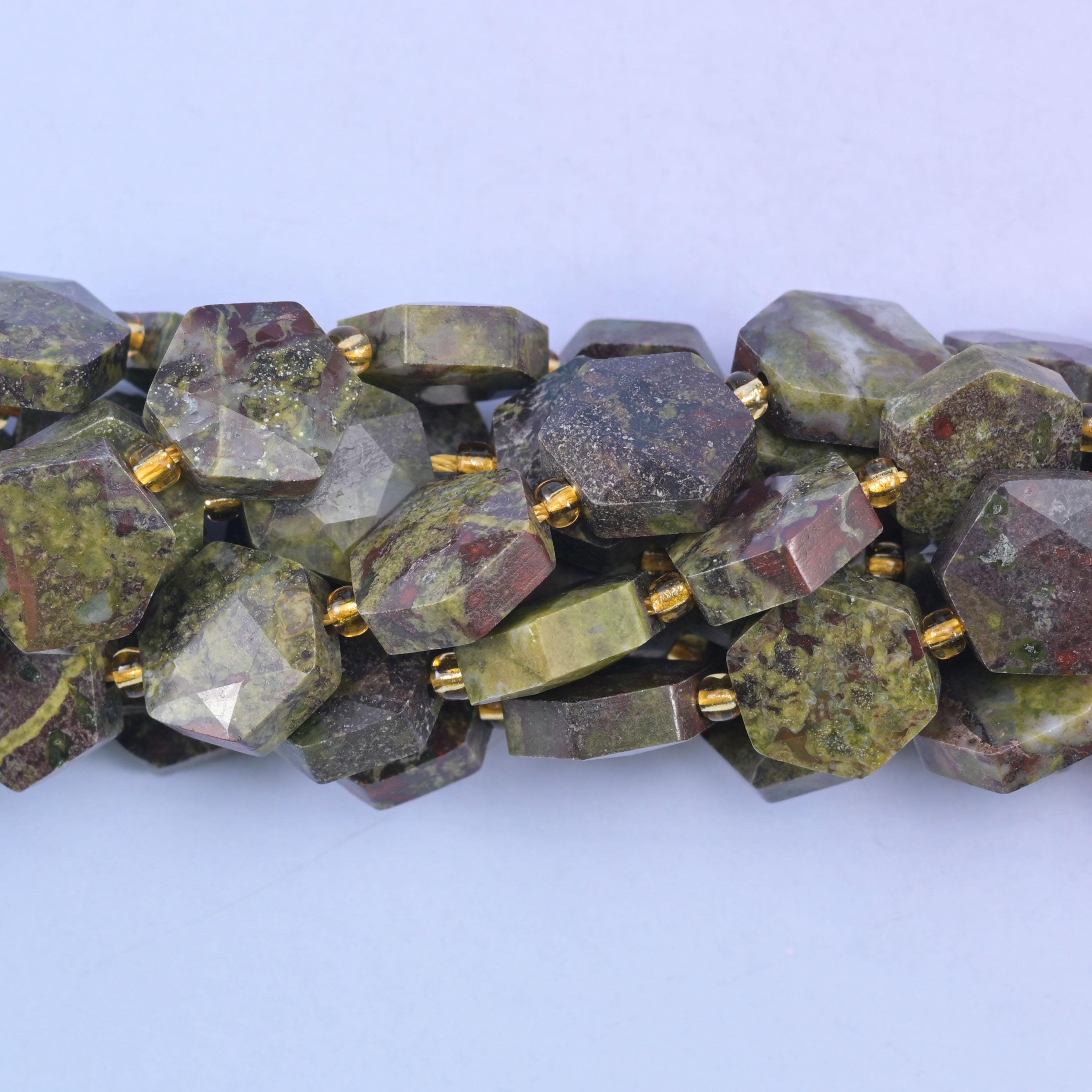 Flat faceted hexagon cut dragon bloodstone beads