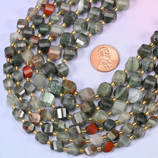 Faceted spiral twist cut african bloodstone beads