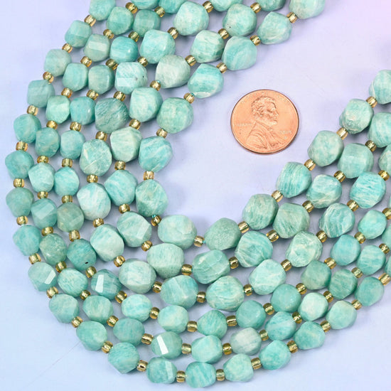 Faceted spiral twist cut natural green amazonite beads