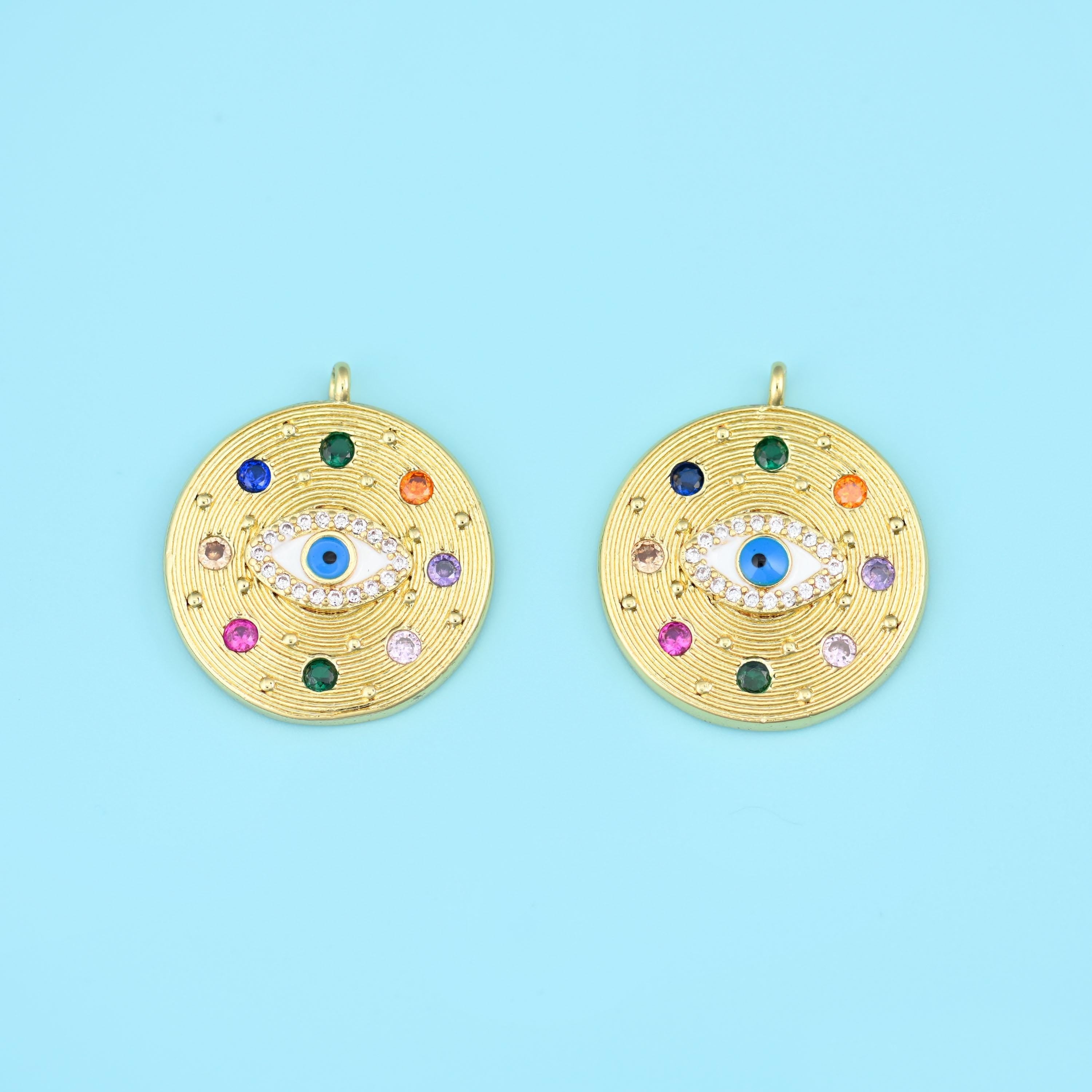 Zircon Evil Eye Charm 22.92x20.18mm in white and blue zircon with green, red, pink and amber stones