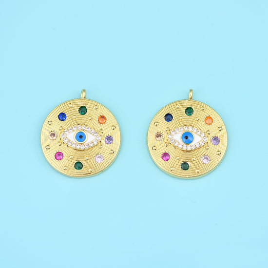 Zircon Evil Eye Charm 22.92x20.18mm in white and blue zircon with green, red, pink and amber stones