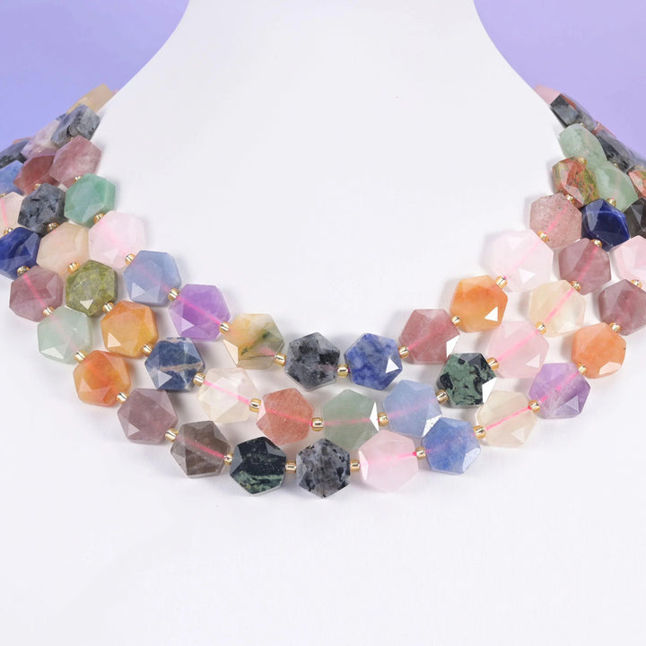 Assorted natural gemstones, beads, flat faceted hexagon, 12mm