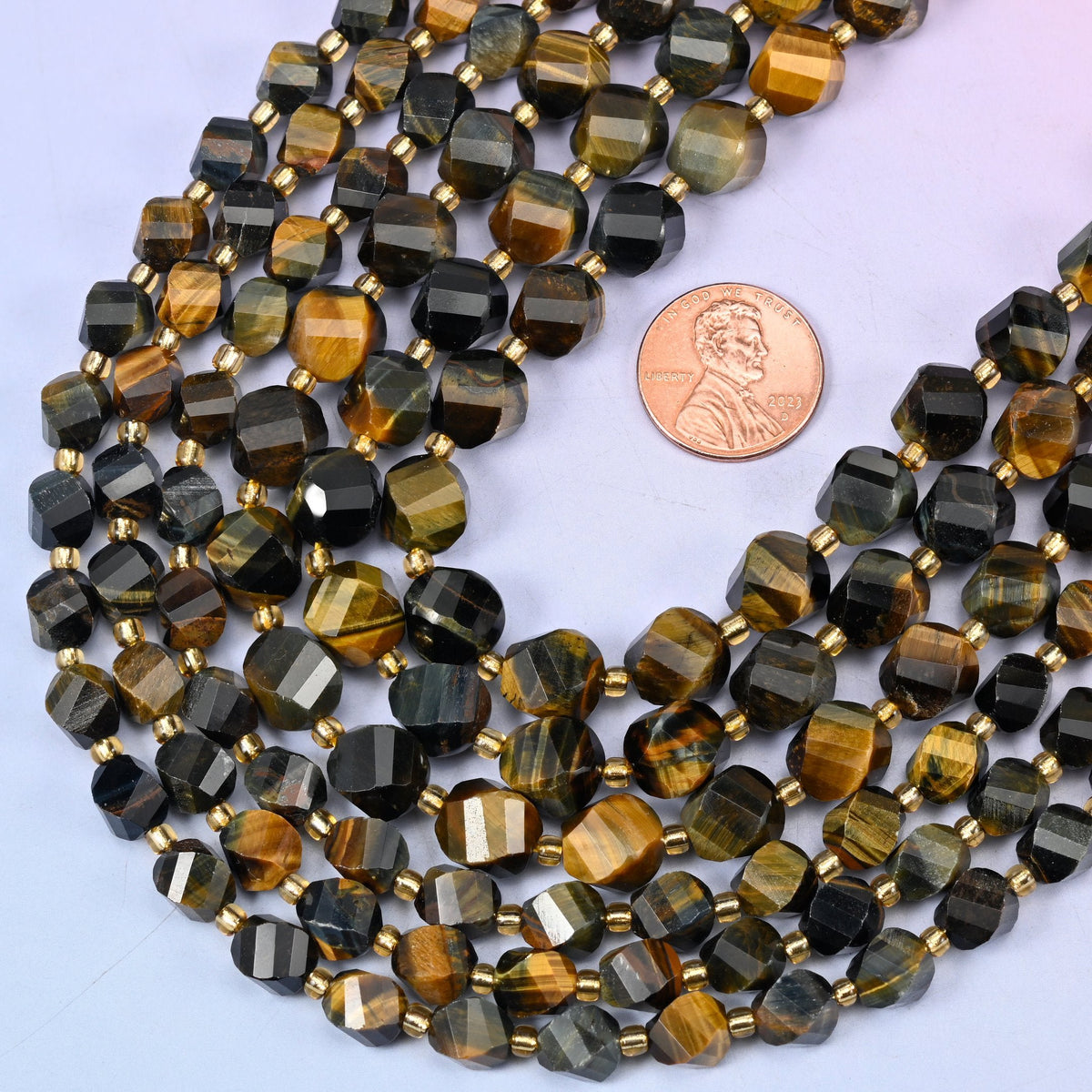 Faceted spiral twist cut natural iron tiger eye beads