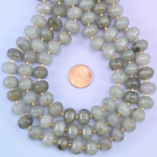 Gray labradorite smooth pumpkin beads in soft gray with subtle flashes of blue and silver