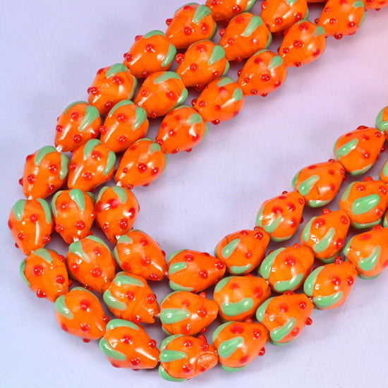 Orange Red Dots Strawberry Glass Beads, 12 inch strand