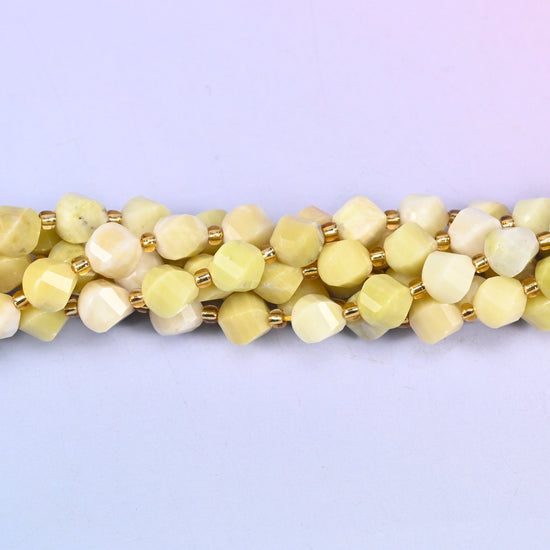 Lemon Jade yellow jade beads used as spacer or focal beads in handmade jewelry designs, 8mm