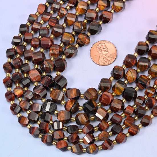 Faceted spiral twist cut natural red tiger eye beads