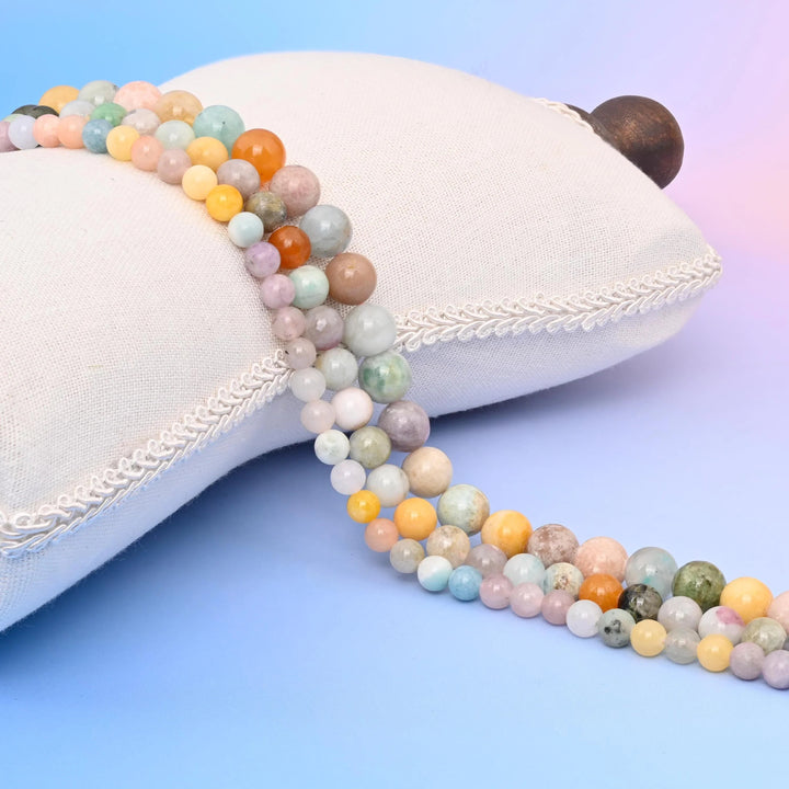 Light Multi-Color Rainbow Gemstone Round Beads in pale lilac, cream, mustard and mint green.