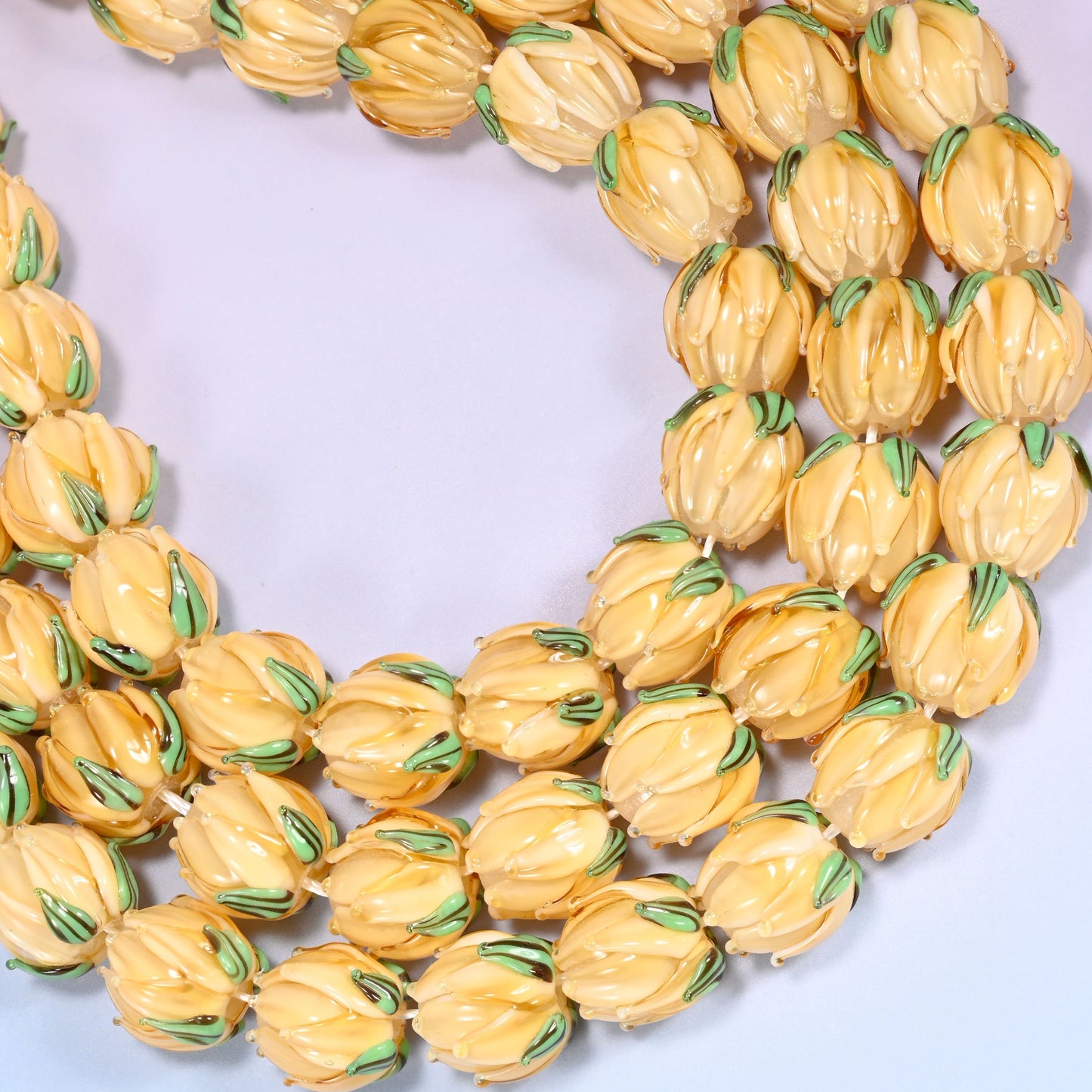 Creamy yellow tulip flower bud lampwork glass beads, hole 1.2mm to 1.8mm