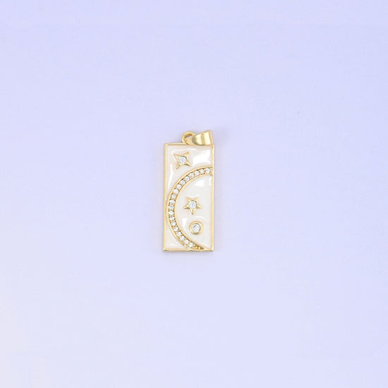 18K Gold Plated Brass Moon Star Rectangle Charm Pendant