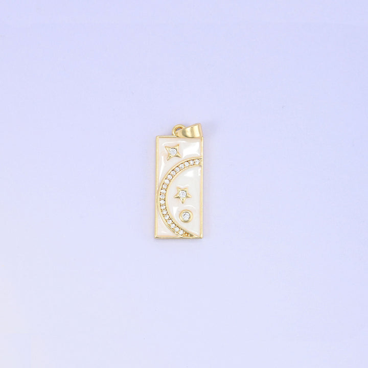 18K Gold Plated Brass Moon Star Rectangle Charm Pendant
