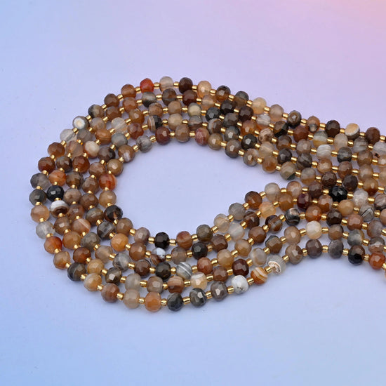 Brown Strip Agate rondelle beads in caramel, cream and smoky grey