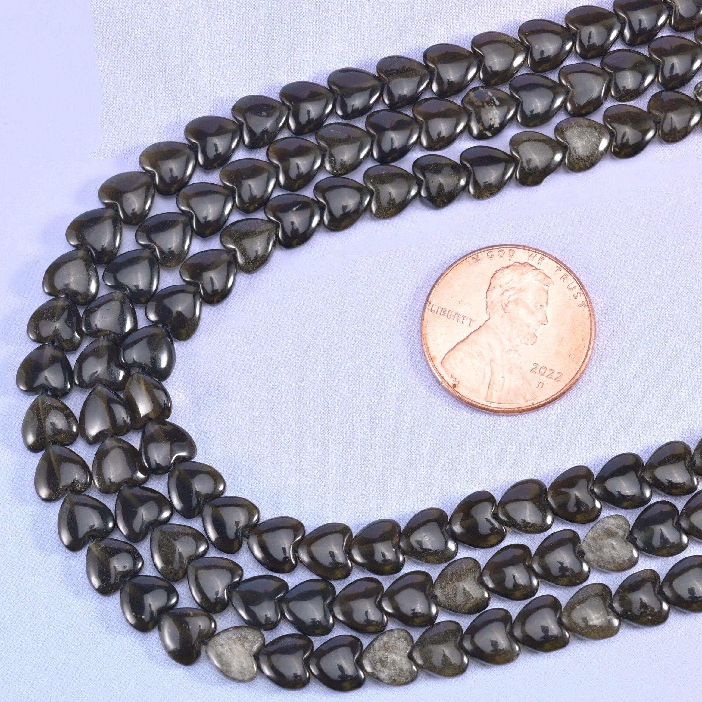 Gold Obsidian Heart Beads, 15 inch strand