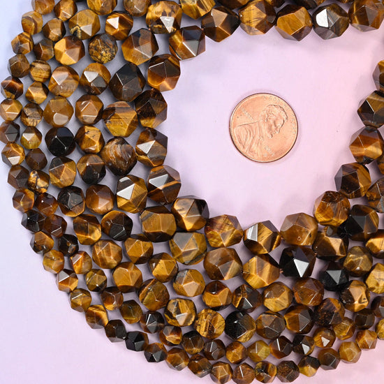 Tiger Eye Faceted Diamond Star Cut Beads, 6mm approximately 63 beads, 8mm approximately 47 beads, 10mm approximately 38 beads per strand