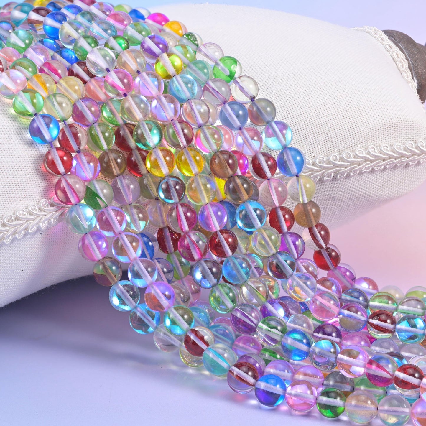Iridescent Rainbow Round Glass Beads, glossy glass with rainbow shimmer